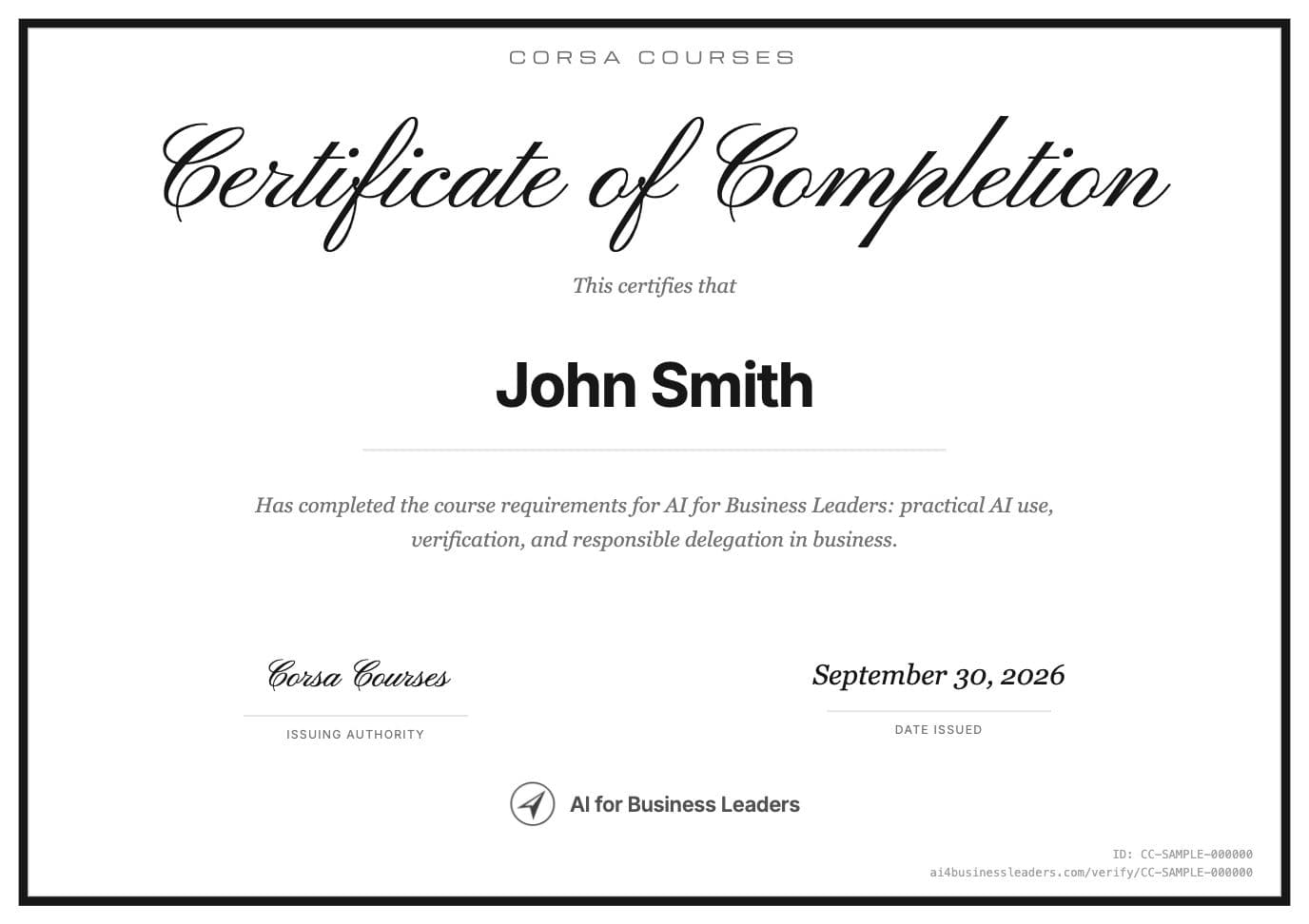 Sample completion certificate for John Smith, fictional credential CC-SAMPLE-000000
