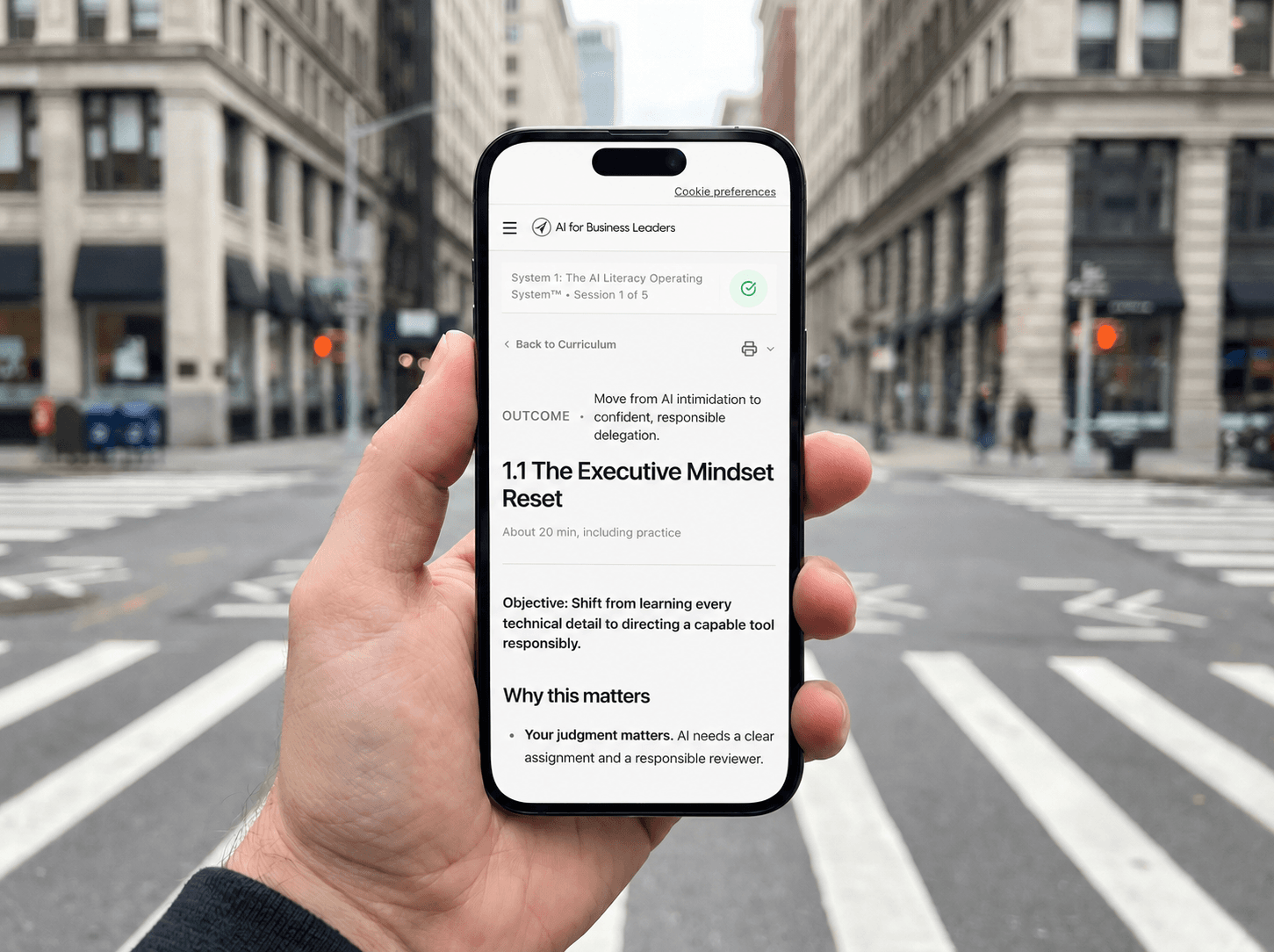 Phone-in-hand illustration showing the current first lesson, The Executive Mindset Reset