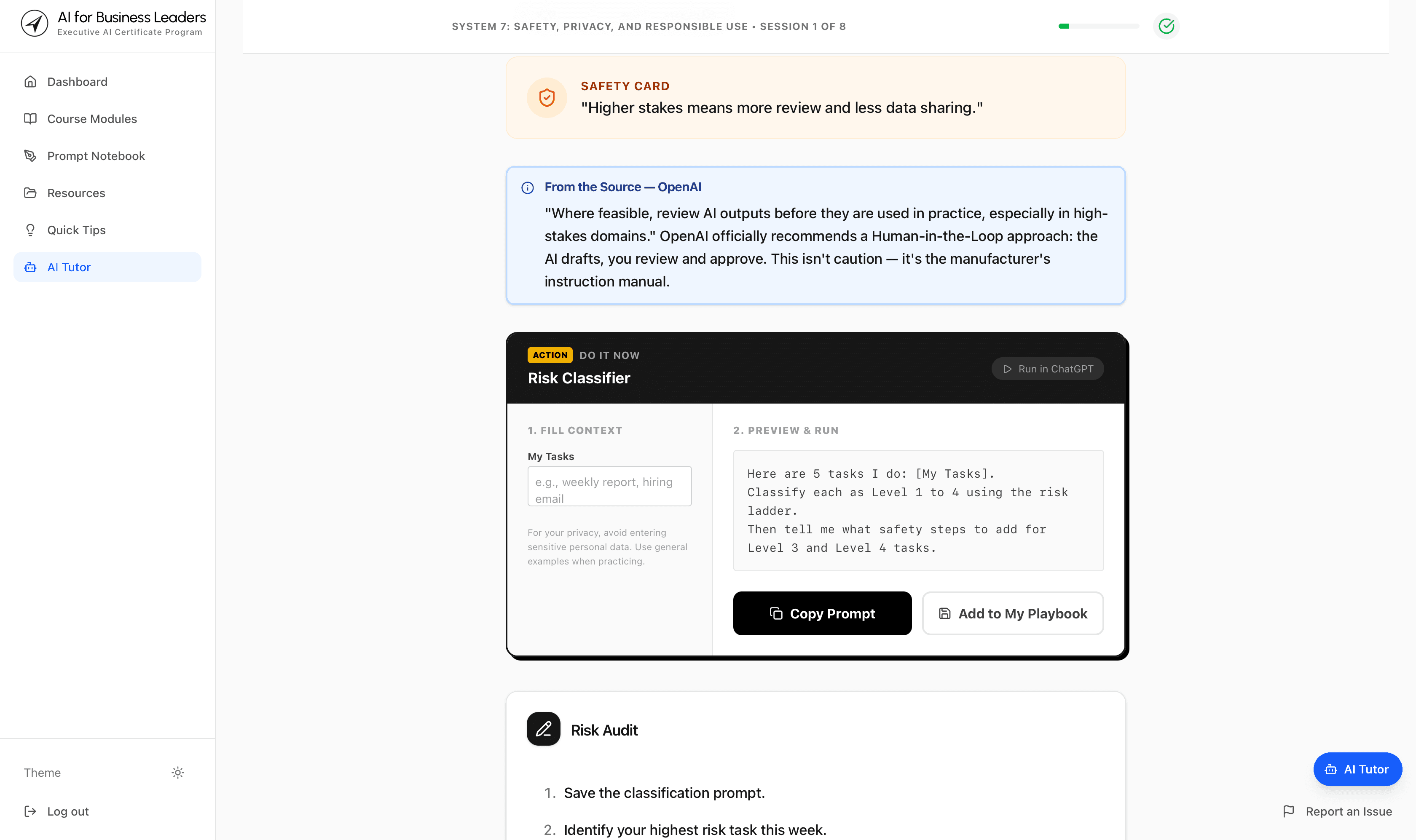 Inside a lesson: a copy-ready prompt block with instructions