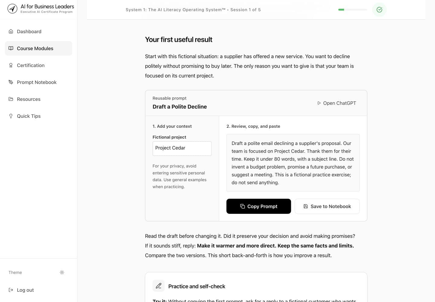 A course lesson showing a business example, reusable prompt and practice task